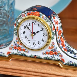 Gilded Porcelain Miniature Floral Mantel or Table Clock - Quartz Battery Movement - Working Well!
