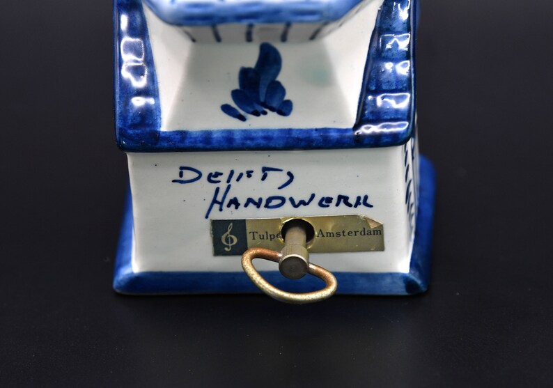 1960er Jahre Wind Up musikalische Porzellan Blau & Weiß Delft Windmühle Made in Holland handbemalte drehende Metall Windmühle Flügel Tulpen von Amsterdam Bild 5