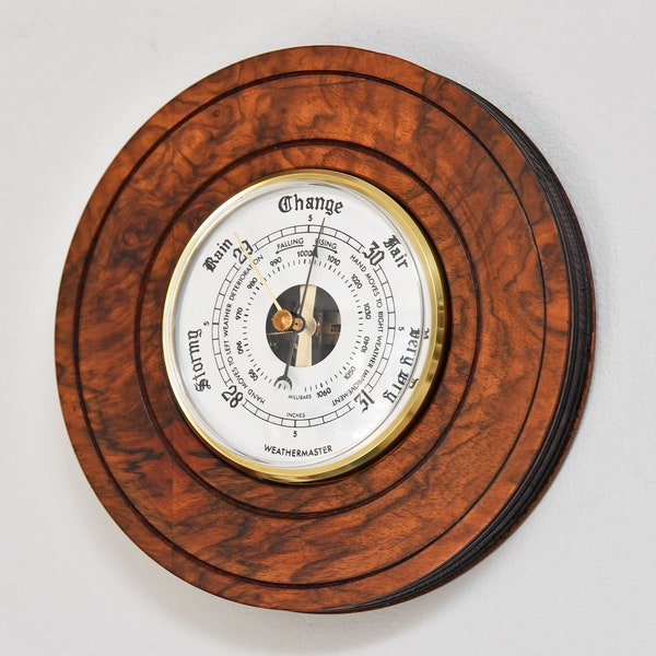 7" Walnut & Brass Turned Wooden Wall Barometer From the Late 1970's - By SB Shortland - Cleaned and Restored, Working Well!