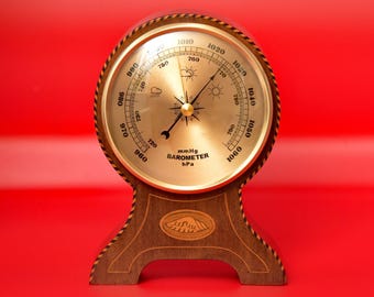 Vintage Shortland-Smith Barometer - Set Within an Inlaid MCM Mahogany Desk Case with Sheraton Shell Motif - Nice Mantel or Desktop Gift