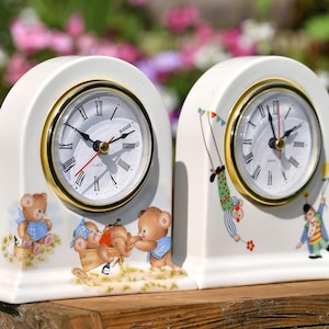 Delightful Pair of Miniature Childrens Ceramic Clocks - These Two Have Been Together Since The 1980s!