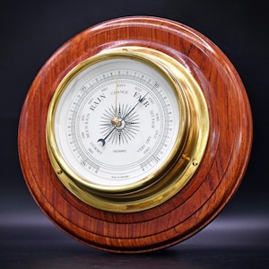 Brass Bulkhead Style Wall Barometer by Metamec - With Mahogany Hand Turned Base - Circa Mid 80&#39;s - Restored and Working Well!
