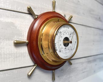 Vintage H. Samuel Nautical Wall Barometer - Restored Brass Ship's Wheel Weather Station - Mid-Century Maritime Wall Decor - Ideal Gift Idea