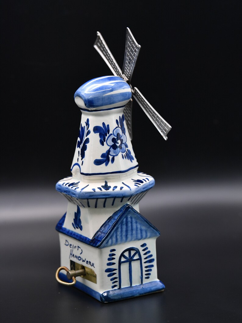 1960er Jahre Wind Up musikalische Porzellan Blau & Weiß Delft Windmühle Made in Holland handbemalte drehende Metall Windmühle Flügel Tulpen von Amsterdam Bild 7