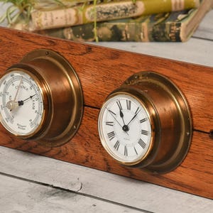Vintage Weather Station Barometer & Clock Duo - Late 60&#39;s Handmade Wooden Backing - All Working Well