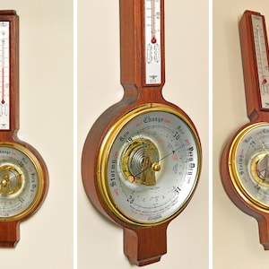 Unusual Wooden Wall Barometer and Thermometer by SB Shortland With Large Glass Panel Showing Off The Movement