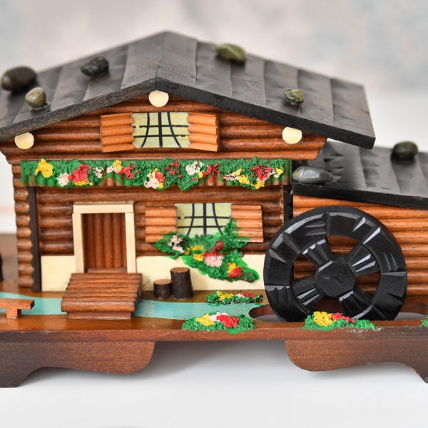 Vintage Swiss Chalet & Working Waterwheel Music Box Jewellery Trinket Box Hand Painted - Restored, Cleaned, Oiled, Working Well! Japan 1950s