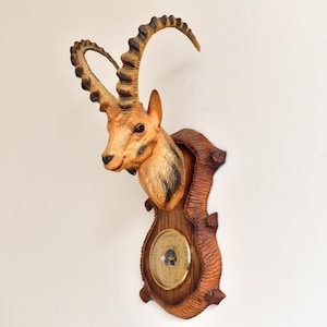 Restored 1970s Alpine Ibex Barometer - Faux Bois Mountain Goat Decor - Mid Century Modern Kitsch Weather Instrument - Ski Chalet Style