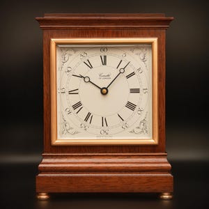 May include: A wooden mantel clock with a dark brown finish and a gold-toned frame. The clock face is off-white with black Roman numerals, minute markers, and the text Comitti of London. It features black hands and stands on four small feet.
