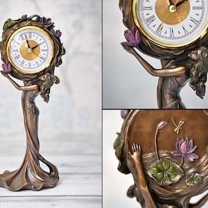 Art Nouveau Inspired Female Nymph Figurine Holding a Quartz Clock by Veronese - Exquisite Cold Resin Design, Intricate Details, Working Well