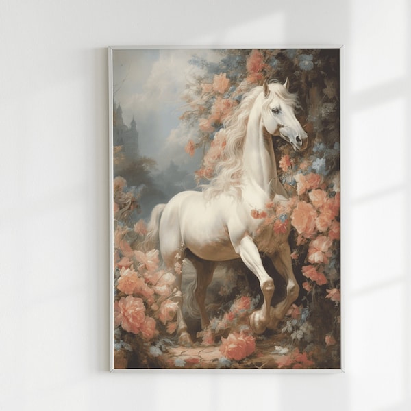 Affiche Cheval, Impression Peinture Cheval Blanc entouré de Rose, Cadeau pour les Amoureux des Chevaux, poster animal, printable art