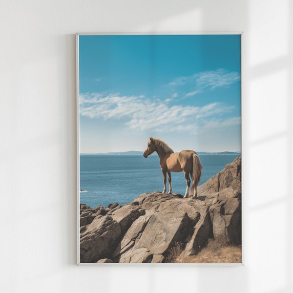 Affiche Cheval, Impression Cheval Falaise Ocean, Cadeau pour les Amoureux des Chevaux, poster animal, printable art, Digital Download