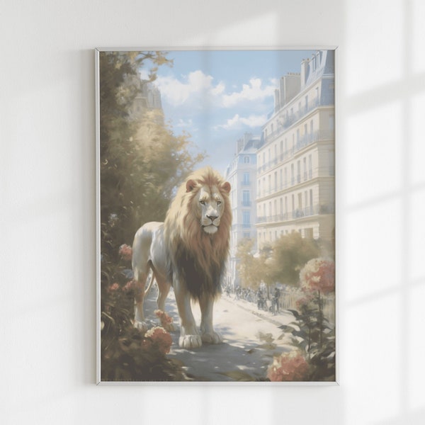 Cadre Lion, Impression Lion dans Paris, Tableau Félin, Poster Animal, digital download, Décoration Murale, Poster Vintage