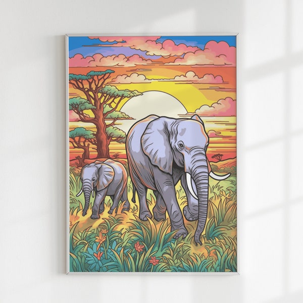 Affiche Elephant, Impression Peinture Elephant, Cadeau pour les Amoureux des Animaux de la Savane, poster animal, printable art