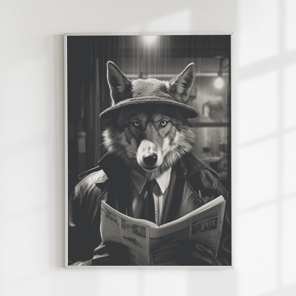Affiche Loup -  Décoration drôle d'animal  - Portrait Animal en Detective - Decoration Murale Salon - Printable Art - Poster Animalier