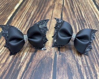 Halloween Pigtail Bat Pinch Cheer Bows: Pigtail Pair with Rhinestone Center
