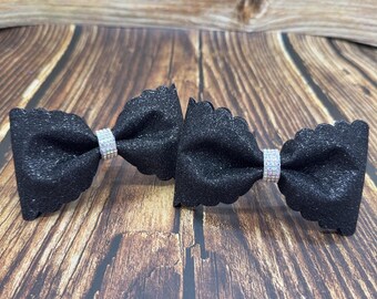 Glitter Cheer Bows: Scallop Edge Pigtail Pair with Rhinestone Center