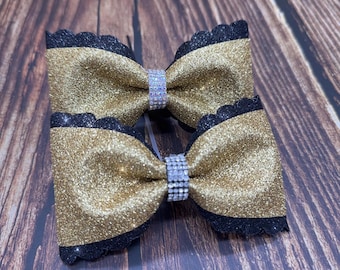 Scallop Edge Cheer Bows: Rhinestone Center, Two-Tone Pigtail Pair