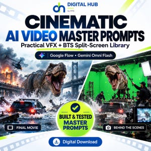 Könnte beinhalten: Ein digitaler Download mit dem Titel Cinematic AI Video Master Prompts, inklusive Practical VFX und BTS Split-Screen Library. Die Grafik zeigt einen T-Rex, der ein Auto auf einer Brücke angreift, neben einem Greenscreen-Set.