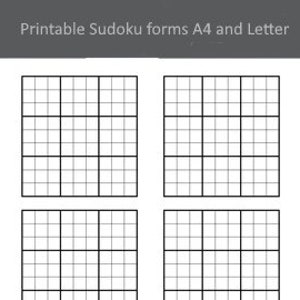Puede incluir: Cuatro cuadrículas de Sudoku en blanco impresas en papel blanco. Cada cuadrícula tiene 9 cuadrados por 9 cuadrados, con líneas más gruesas que dividen la cuadrícula en secciones de 3x3.
