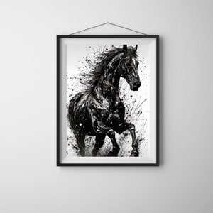 May include: Black and white illustration of a horse running through a field of tall grass. The horse is depicted in a dynamic pose, with its mane and tail flowing in the wind. The background is a simple white canvas, with splashes of black paint creating a sense of movement and energy.