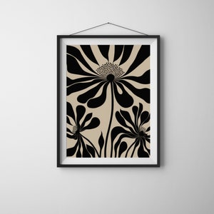 Abstrakter botanischer digitaler Download, Beige schwarze Wandkunst, neutrale botanische Beige druckbare Kunst, Blumenillustration botanisches Poster