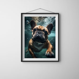 Dog Wall Art, Cute French Bulldog Swimming, Underwater Photo, Unique Wall Decoration, Printable Download for Canvas, Poster or Framing
