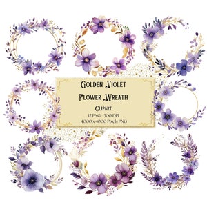 Golden Violet Flower Wreath Clipart, Purple Violet Floral Png, Violet Flowers Valentines Wedding PNG, Violet Flower Bridal Shower Bride PNG