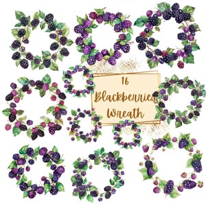 Blackberries Wreath Clipart, Blackberry Floral Fruit Wreath Clipart, Cute Blackberry Birthday Baby Shower Party Graphics, Nursery Decor Art