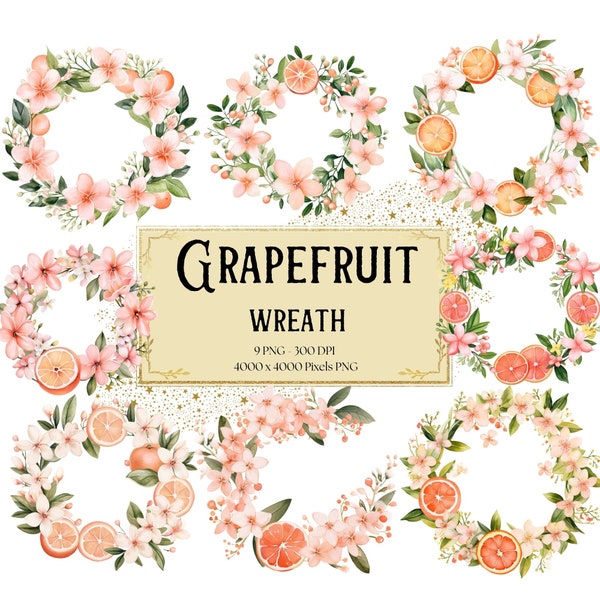 Grapefruit Blossom Wreath Flower Png Clipart, Grapefruit Citrus Flower Clipart, Grapefruit Birthday Baby Shower Party Graphics, Fruit PNG