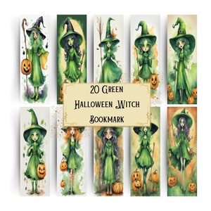 Green Halloween Witch Bookmark, Whimsical Horror Halloween Bookmark JPG, Horror Witch Bookmark Gifts, Magical Witch Digital PDF, Instant