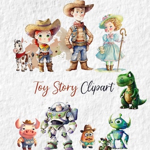 Clipart de aquarela desenhado à mão de Toy Story, ilustração fofa de desenho animado, gráficos fofos de chá de bebê, Buzz Lightyear, Woody, dinossauro, Jessie