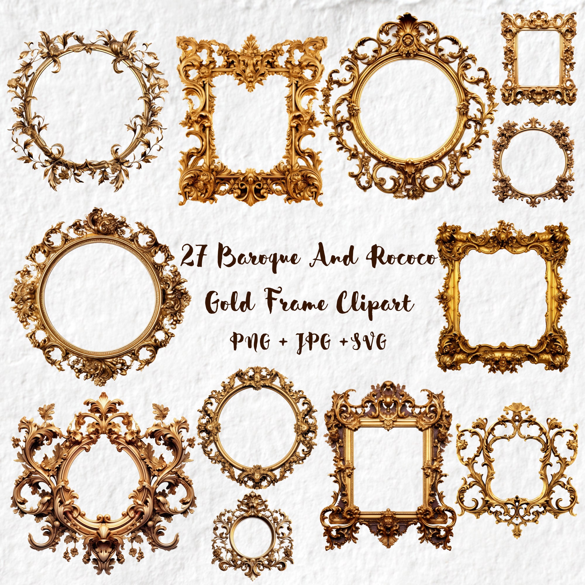 vintage デコラティブ　アートフレーム　額縁　額　ロココ　アールデコ Baroque and Rococo Gold Frame Clipart, Vintage Antique