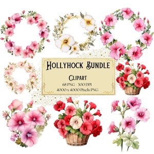 Hollyhock Flower Bundle Clipart, Hollyhock Floral Clipart, Hollyhock Valentines Wedding Bridal Shower Bride PNG, Bouquet Wreath Basket Png