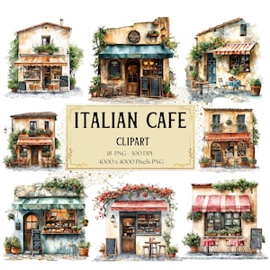 May include: A digital clipart set of 18 watercolor illustrations of Italian cafes. The cafes are depicted in various styles, with some featuring awnings, outdoor seating, and potted plants. The illustrations are perfect for adding a touch of Italian charm to your designs.