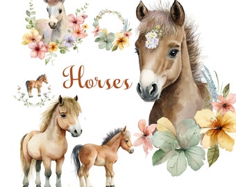 Horse Watercolor Clipart, Cute Baby Shower Graphics, Horse Birthday Party Decor Graphics, Nursery Decor Wall Art, Farm Animal PNG