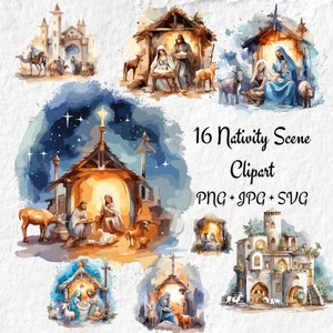Nativity Scene Christmas Clipart, Nativity Scene Religious Christmas PNG,  Nativity Scene Clipart JPG, For Gift Tags Mugs Tshirts Clipart