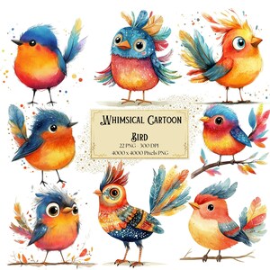 Whimsical Cartoon Bird clipart, Funny Birds Clipart, Digital Clipart, Watercolor clipart, High Quality PNGs, Printable clipart