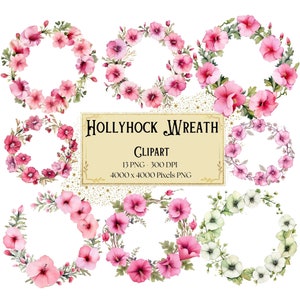 Hollyhock Flower Wreath Clipart, Pink Hollyhock Floral Clipart, Hollyhock Flowers Valentines Wedding Png, Hollyhock Bridal Shower Bride PNG