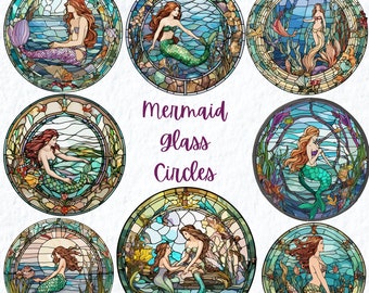 Mermaid Stained Glass Clipart, Fantasy Mermaid Ocean Circle Round PNG, For Gift Tags Mugs Tshirts Clipart PNG