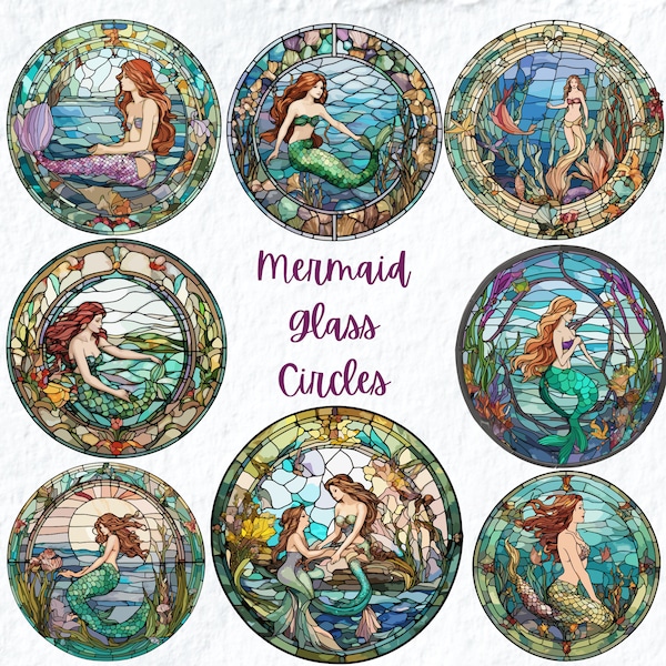 Mermaid Stained Glass Clipart, Fantasy Mermaid Ocean Circle Round PNG, For Gift Tags Mugs Tshirts Clipart PNG