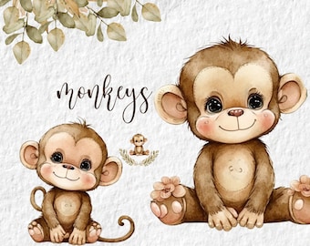 Monkey Watercolor Clipart, Cute Monkey Baby Shower Graphics, Monkey Birthday Party Graphic, Nursery Decor Wall Art, Zoo Animal