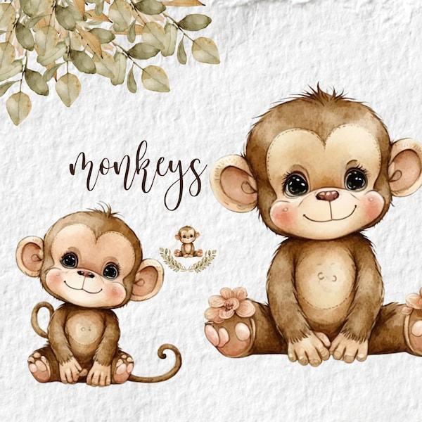 Monkey Watercolor Clipart, Cute Monkey Baby Shower Graphics, Monkey Birthday Party Graphic, Nursery Decor Wall Art, Zoo Animal