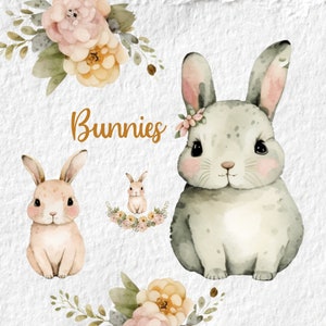 Cute Bunny Rabbit Watercolor Clipart, Cute Baby Shower Woodland Animal Graphics, Birthday Party Graphics, Nursery Decor Wall Art Clipart