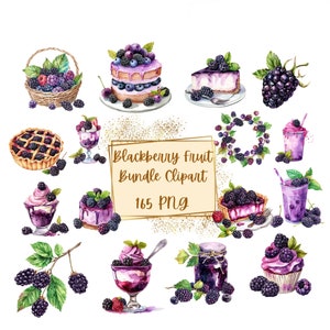 Blackberry Bundle Clipart, Blackberries Fruit Watercolor Bundle Clipart, Blackberry Fruit Cake Cheseecake Cupcake Jam Ice Cream Juice PNG