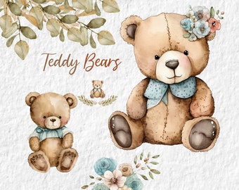 Teddy Bear Clipart, Brown Bear Watercolor Clipart, Birthday Party Decor Graphics, Cute Baby Shower Graphics, Nursery Decor Wall Art