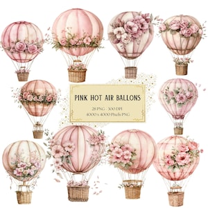 Floral Rosa Heißluftballon Clipart, Vintage Boho Blumen Heißluftballon Clipart, Wunderlich Heißluftballon Png, Babyparty Geburtstag PNG