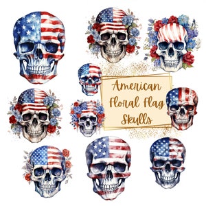 Clipart del teschio della bandiera americana, clipart del teschio del 4 luglio, clipart floreale del teschio della bandiera americana, clipart patriottico del teschio, per le tazze delle carte della maglietta
