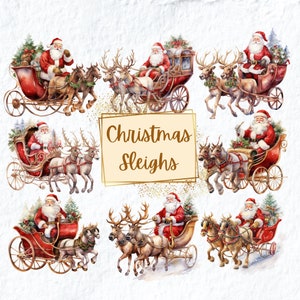 Christmas Sleigh Clipart, Christmas Santa Sleigh Clipart, Santa Xmas Watercolor Baby Shower Party Graphics, Holiday Christmas Clipart PNG
