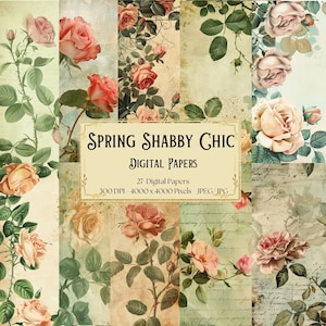 Spring Shabby Chic Roses Digital Paper, Vintage Shabby Floral Junk Journal Kit, Printable Blush Floral Ephemera, Shabby Chic Scrapbook